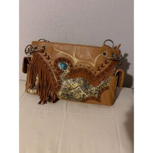Western Tan & Brown Embossed Floral Shoulder Bag with Turquoise Stone